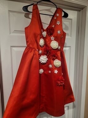 Ladies Red Floral Appliqué Satin Dress